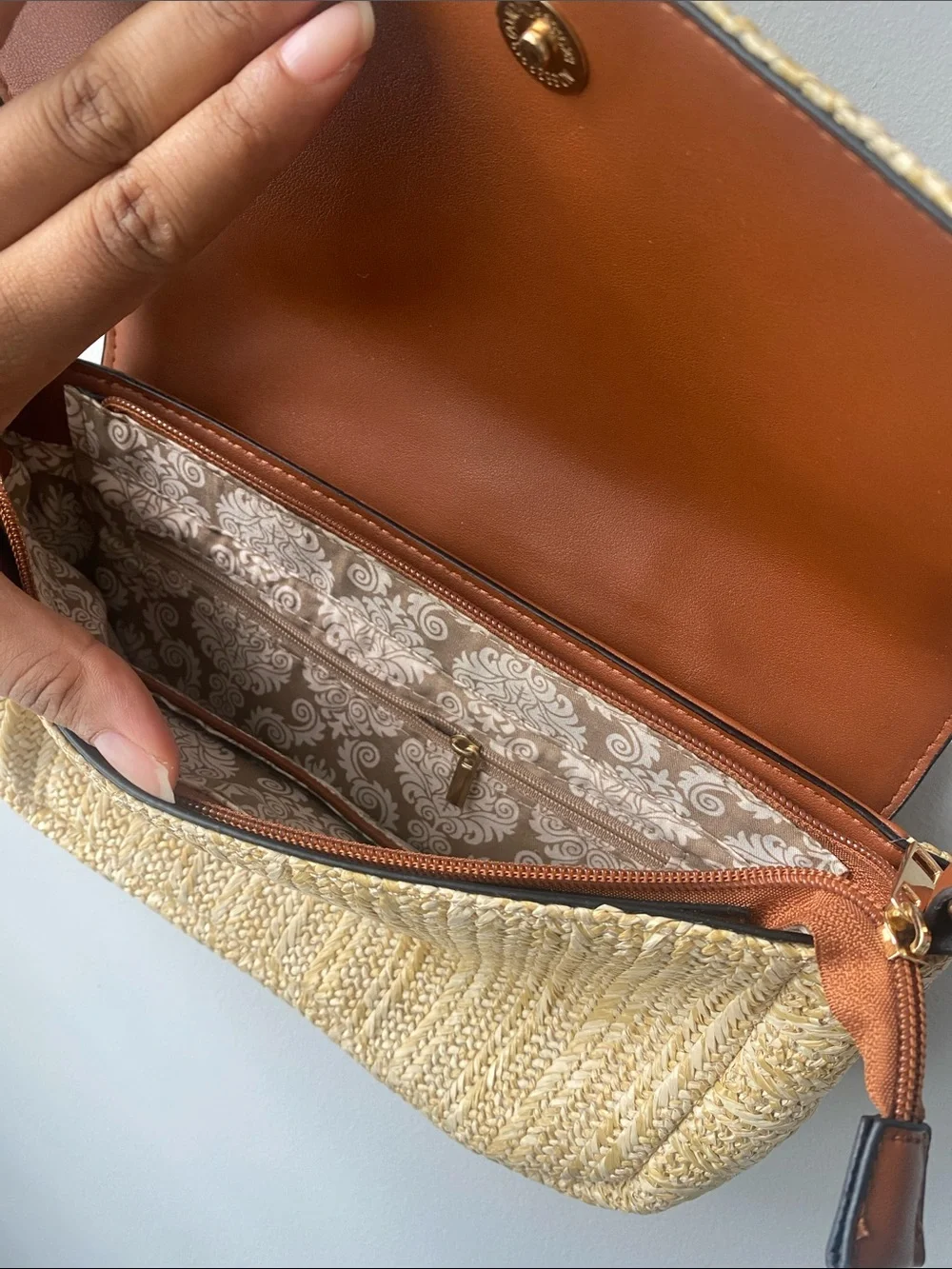 Woven Straw Shoulder Bag with Brown Leather Trim - Picture 7 of 10
